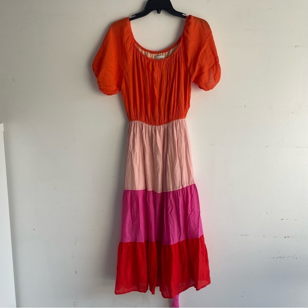 Aura the label colorblock tiered midi dress pink orange 22554